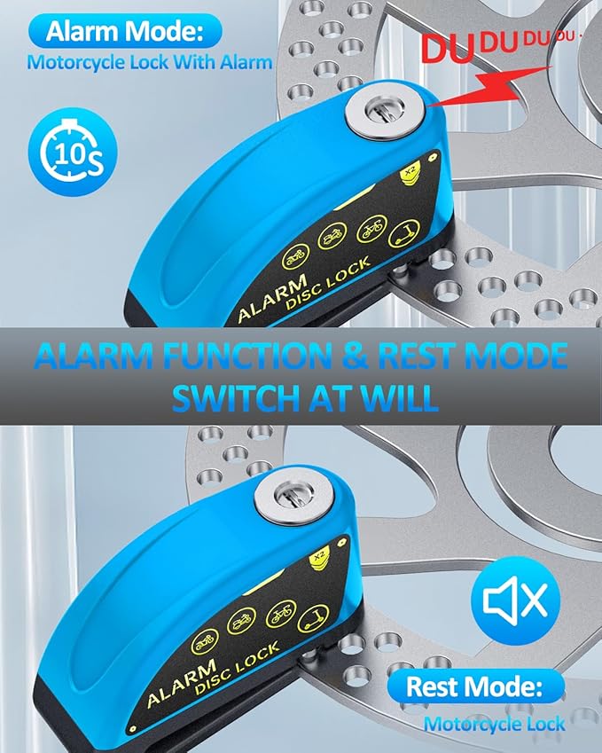 ONVIAN Rechargeable Motorcycle Lock with 120db Alarm and 6FT Steel Reminder Cable, for 7mm Pin Motorcycles Bicycles Ebike Scooter Moped(Blue)