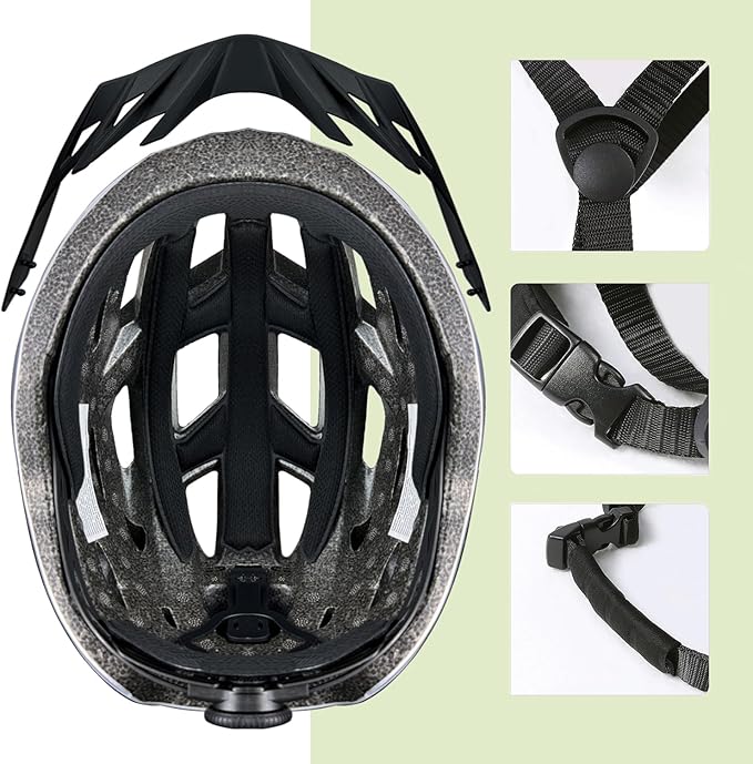Bike Helmet for Adult Men Women with Multi-Mode Rear LED Light, with Suggested Fit 56-62cm, Lightweight with Adjustable Dial, Side and Chin Strap, Carbon Black Shiny Surface