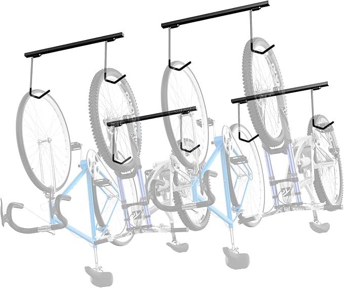 WALMANN Ceiling Mounted Bike Rack for Garage, Space-Saving Ceiling Bike Storage for 4 Bikes(Horizontally)/8 Bikes(Vertically), Adjustable Bike Hooks for Road Mountain Bikes