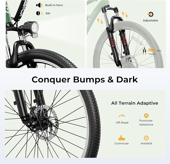 Jasion EB5 Electric Bike for Adults with Peak 1000W Brushless Motor, 40Miles 20MPH Commuting Electric Mountain Bike with 360Wh Removable Battery, 7-Speed, 26" Tires and Front Fork Suspension