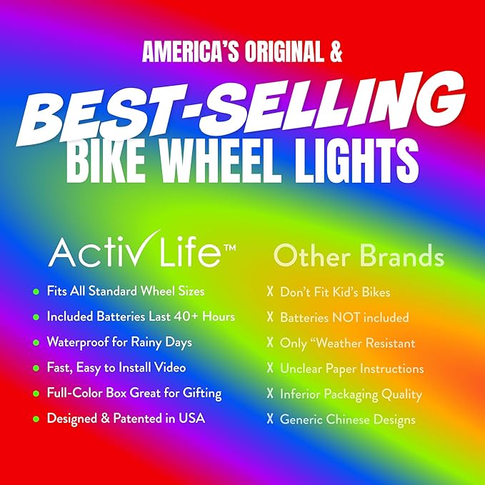 Activ Life 2-Tire Pack LED Bike Wheel Lights with Batteries Included, Get 100% Brighter and Visible from All Angles for Ultimate Safety and Style