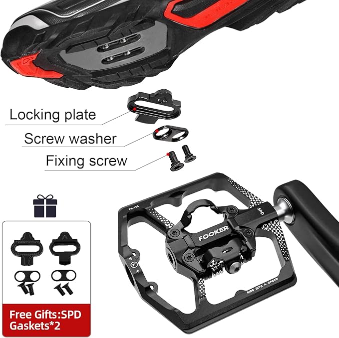 FOOKER MTB Mountain Bike Pedals, Dual Function Flat and Pedal,3 Sealed Bearing Flat Platform Compatible with Clipless Pedal Aluminum 9/16" Pedals with Cleats for Road Mountain BMX MTB