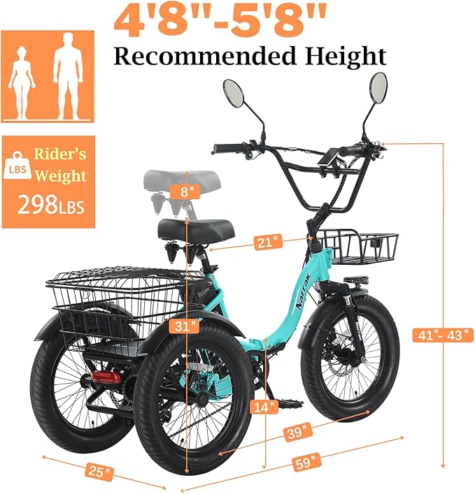Electric Tricycle for Adults,Fat Tire Folding Electric Trike,3 Wheels Electric Bicycle Bikes, Peak 700W Step-Thru Etrike with 468WH Removable Battery and Large Basket for Women Men