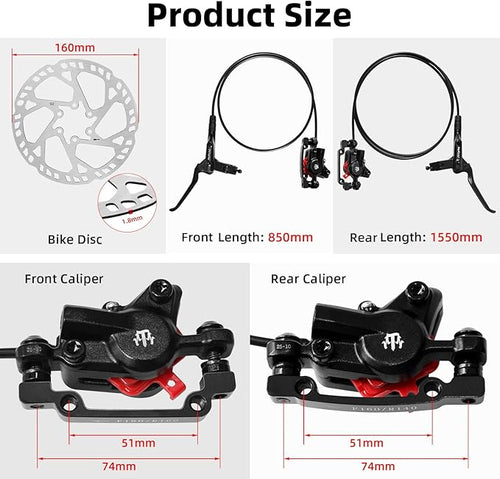 2-Pistons MTB Disc Brake Set Hydraulic Disc Brake Kit Left Rear Right Front with 160mm Rotors Aluminum Alloy Hydraulic Brake Fit for Mountain Bike E-Bike Fat Bike (Black)