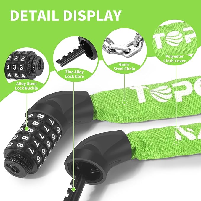 Bike Chain Lock 3.2Ft Long High Security Heavy Duty Anti Theft, 5 Digit Combination Resettable Keyless Bicycle Lock for Bike/Electric Scooter/Ebike/Motorcycle(Neon Green)