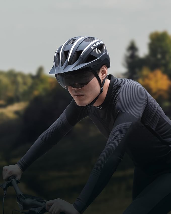 OutdoorMaster Adult Bike Helmet - Bicycle Helmet with Rechargeable Rear LED Light, Detachable Magnetic Goggles, Removable Sun Visor - Suitable for Commuting and Cycling for Men and Women