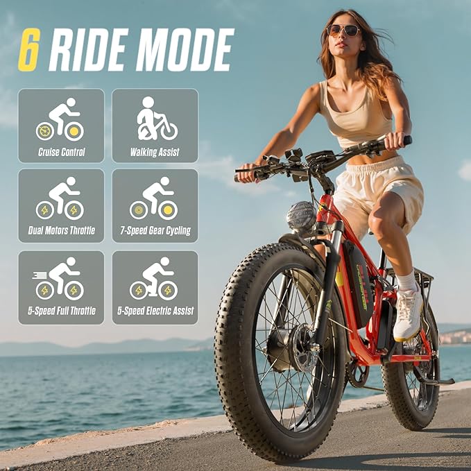 6000W Dual Motors Electric Bike for Adults,60V 20Ah 26" Fat Tire Ebike,45 mph up to 100 Miles Full Suspension Class 3 Electric Bicycle for Snow Off Road Mountain Hunting Commuter