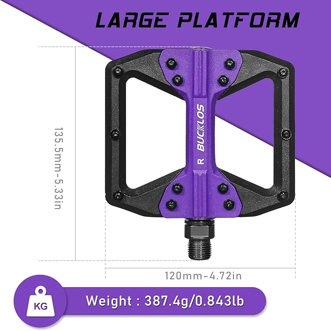 BUCKLOS MTB Flat Pedals Mountain Bike Pedals, 3 Bearings CNC Adult Road Bike Pedals, Bicycle Platform Aluminum Alloy Non-Slip Pedal for Gravel Bike/BMX 9/16"(Black)