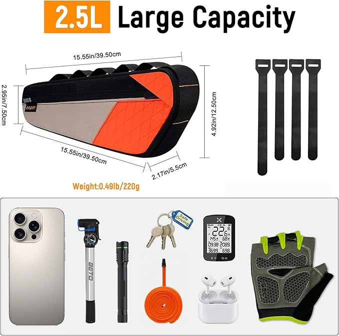 ENLEE Bike Frame Bag, 2.5L Large Bicycle Frame Bag, Waterproof & Lightweight Triangle Bike Bag Perfect Storage Tool/Phone For Mountain Road Gravel Bike, Easy Installation With Straps, Orange