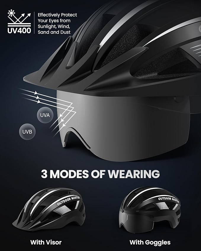 OutdoorMaster Adult Bike Helmet - Bicycle Helmet with Rechargeable Rear LED Light, Detachable Magnetic Goggles, Removable Sun Visor - Suitable for Commuting and Cycling for Men and Women