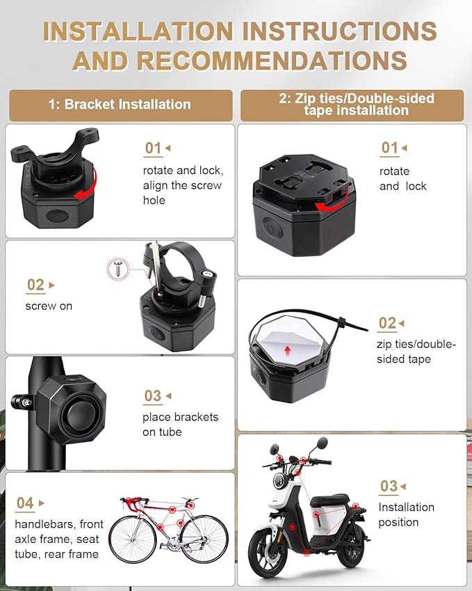 ONVIAN Bike Alarm with Motion Sensor Remote, USB-C Rechargeable Wireless Antitheft Bicycle Alarm for Bicycle Motorcycle Scooter, Sensitive Motion Detection Security Bike Accessories 110dB Super Loud