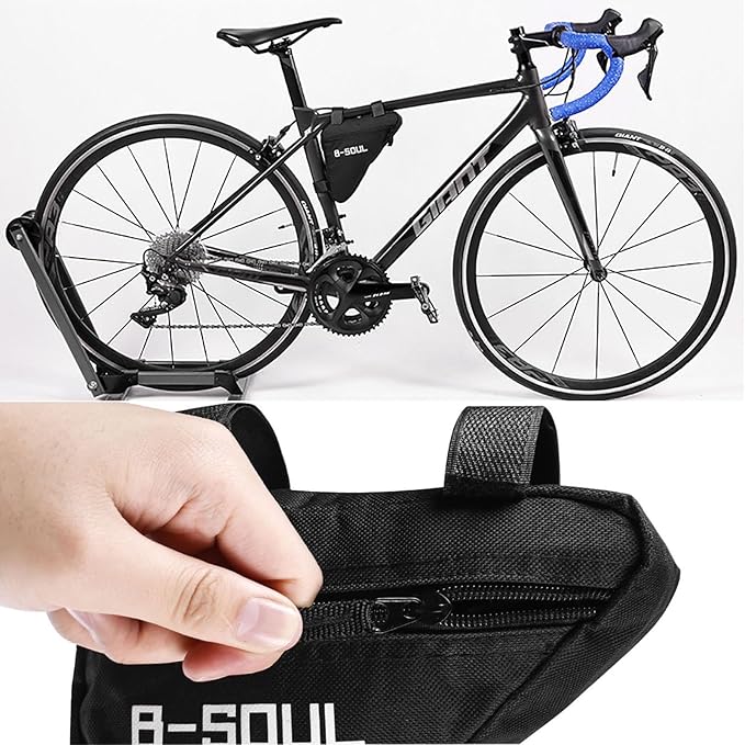 Bike Frame Storage Bag, Top Tube Bag for Phone, Triangle Bags, Bicycle Storage Pouch, Bicycle Triangle Bags Strap-On Under Seat Tool Accessories Pouch, with 1 Metal Tire File, 6 Bike Tire Patches