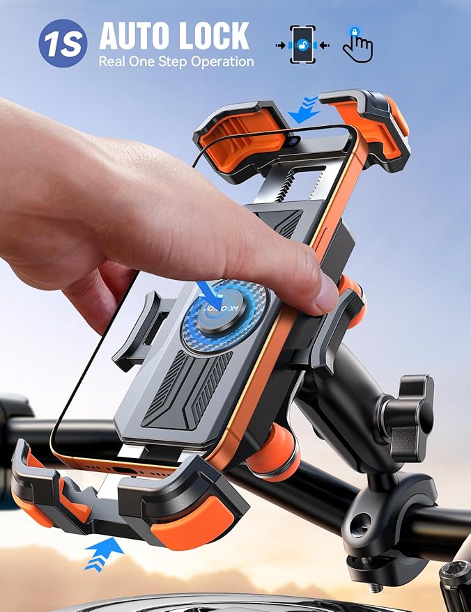 JOYROOM Motorcycle Phone Mount Holder - [Dual Vibration Dampener] 150mph Anti-Shock Phone Holder for Motorcycle [Metal Adjustment Arm] Bicycle Bike Phone Holder Mount for 4.7-7" Cell Phones, Orange