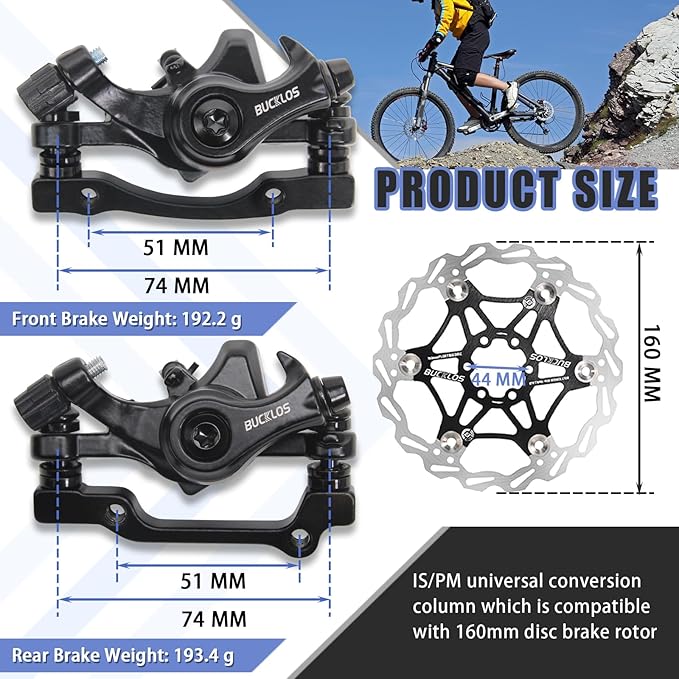 BUCKLOS Mountain Bike Disc Brake kit, MTB Mechanical Line Pulling Disc Brakes Caliper with Aluminum Alloy Levers /160mm Rotor,/is/PM Universal Adapter for Ebike/Folding Bike/Scooter/Fat Bike