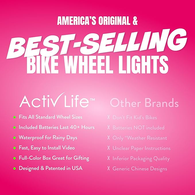 Activ Life 2-Tire Pack LED Bike Wheel Lights with Batteries Included, Get 100% Brighter and Visible from All Angles for Ultimate Safety and Style