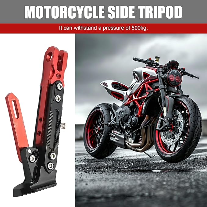 Motorcycle Kickstand, Height Adjustable Foot Side Support Parking Kickstand, Aluminum Alloy Tripod Holder Foot Side Support Stand Modified, Universal for Scooter Motorbike Motocross (Red)