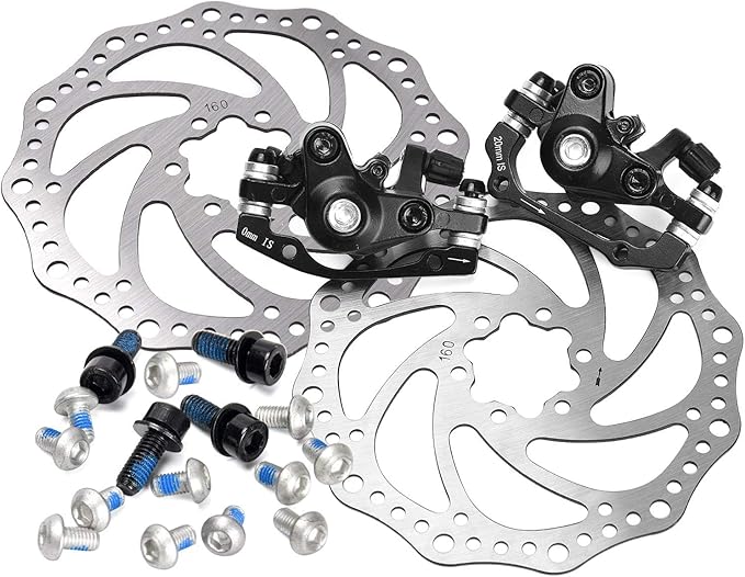 TOBWOLF 1 Pair MTB Front & Rear Cable Disc Brake Aluminum Alloy Caliper Post Mount, 2PCS 160mm Stainless Steel 6-Bolt Disc Rotors for Mountain Bike Road Bike Folding Bike BMX