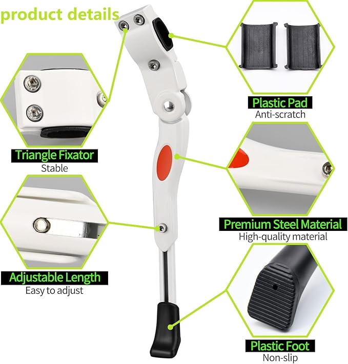 Bike Kickstand, Adjustable Alloy Aluminum Bicycle Kickstand for Road Mountain Bike, Fit 20" 24" 26" Wheels, White