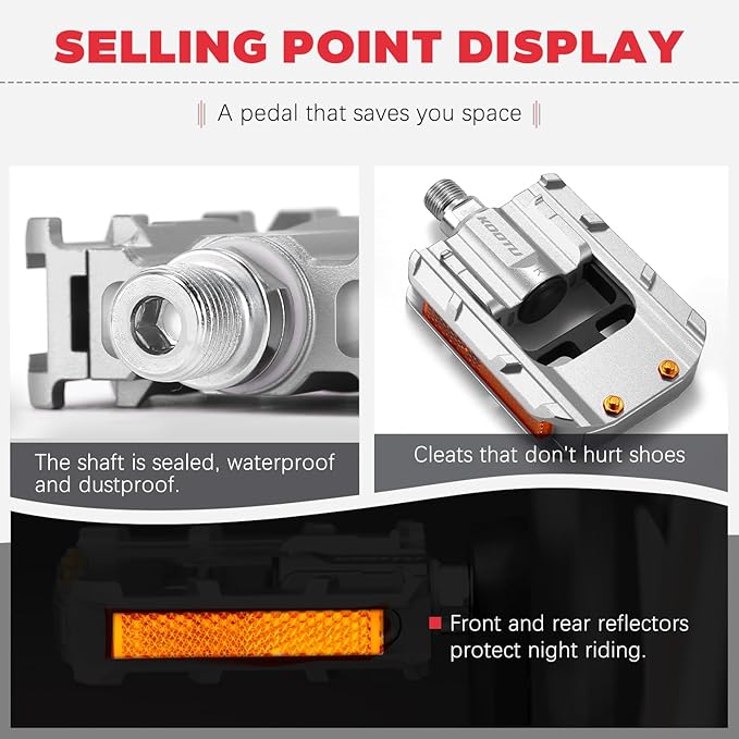 KOOTU Bike Pedals with Reflective Strips, Universal 9/16 Inch Mountain Bike Pedals, Non-Slip Aluminum Alloy Bicycle Pedals for Road BMX MTB Bike
