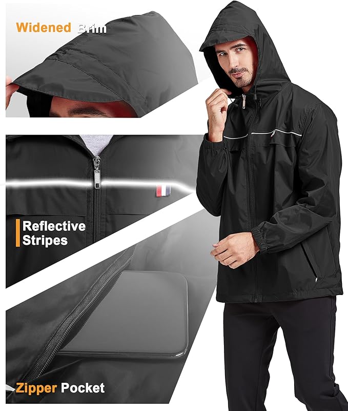 GEEK LIGHTING Rain Jacket Men Lightweight Waterproof Jackets Packable Windbreaker Hooded Raincoat for Golf Cycling Outdoor
