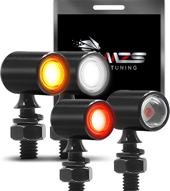 MZS Motorcycle LED Turn Signals, Front White+Amber and Rear Red Mini Brake Tail Light Blinkers, Minimalist Design, Universal 6mm Screw Compatible with Most Family Motorcycles