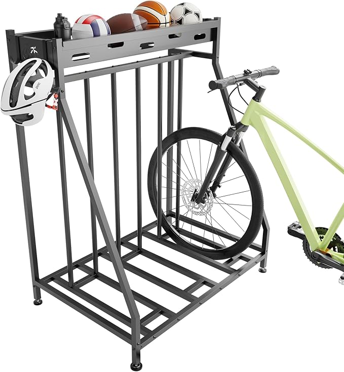 3 Bike Stand Steady Bike Rack Garage with Baskets Storage Indoor Bike Storage Rack Metal Floor Bicycle Station for Parking Suitable for Mountain, Hybrid, Adult and Kids Bikes