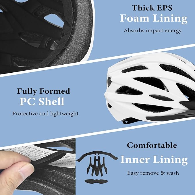 Road Bike Helmet Adult Men & Women, Adjustable Lightweight Design (22-24.5 Inches) - Vented, Removable Visor & Reflective White, for Day and Night Commuting & Sports | CPSC Certified