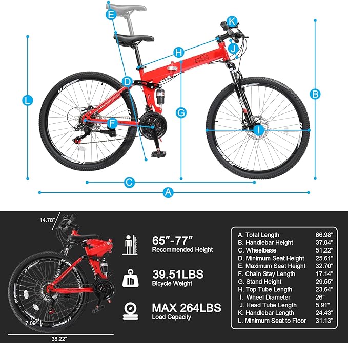 24/26/27.5 Inch Foldable Bikes for Adults 21 Speed Mountain Bike, Adult Bicycle with High Carbon Steel Frame, Full Suspension, Dual Disc Brake & Adjustable Ergonomic Seat(Black/Red)