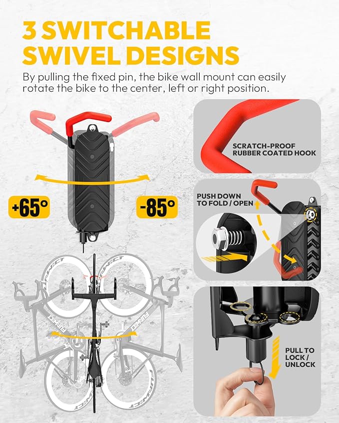 Swivel Bike Wall Mount Bike Rack Garage Organizer, Vertical Bike Hanger for Bicycle Rotating Wall Rack, Easy Installation with Wheel Hook (1 PACK)