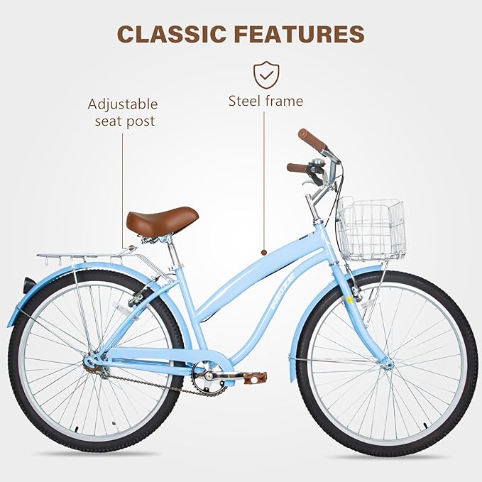 WEIZE Beach Cruiser Bike, 26 inch Commuter Bicycle for Adult Men and Women,High-Carbon Steel/Front & Rear Fenders, Comfortable City Bikes with Rear Rack or Basket, Ergonomic Upright Design