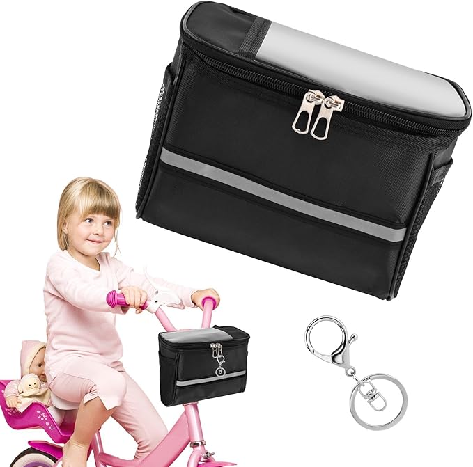 Kids Bike Basket, Front Frame Scooter Basket Bag, Bicycle Handlebar Bag for Boys Girls with Zipper, Bike Decoration for Most Children's Bikes Like Tricycle, Balance Bik-e(COLOR:Black)