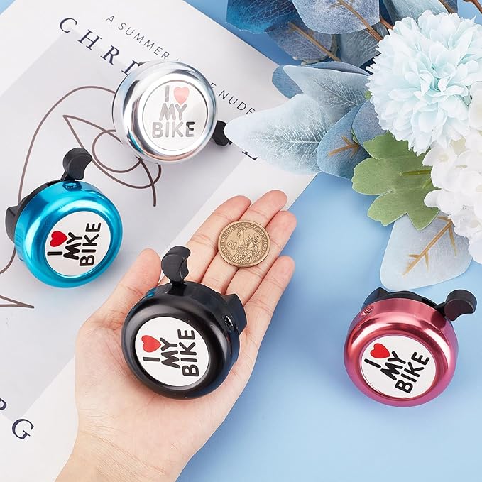CREATCABIN I Love My Bike Bicycle Bell Aluminum Alloy Bike Bells Ring Round Pink Loud Sound Cycling Handlebars Bells with 4Pcs Resin Stickers