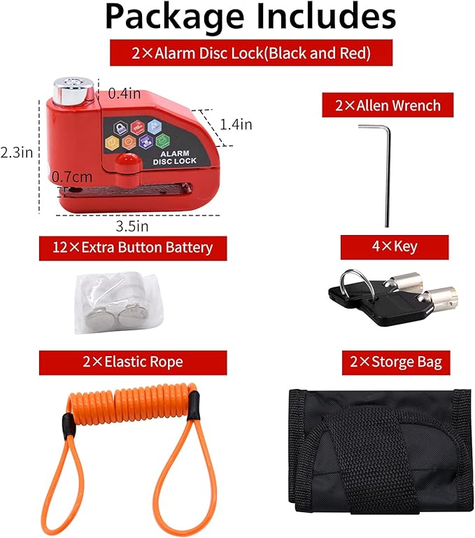 Alarm Disc Lock Set, 2pcs Brake Lock, Anti-Theft Waterproof 110 dB 7mm Pin 5ft Reminder Cable for Motorcycles Bike Scooter Carry Pouch
