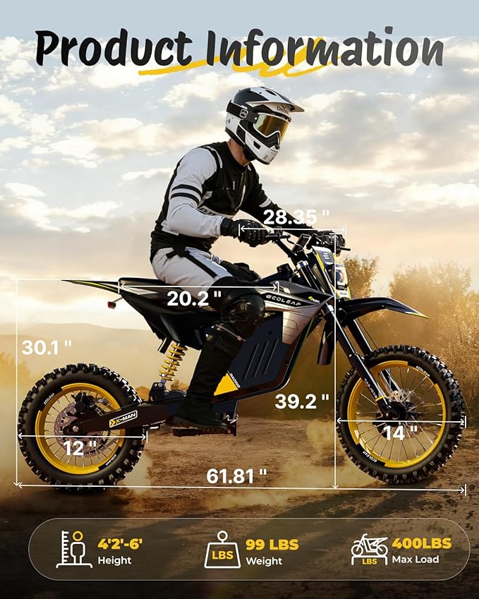 3500W Peak Electric Dirt Bike for Teens & Adults, 37MPH Electric Off-Road E-Bike with 48V 21Ah Battery, Up to 55 Miles Range, Dual Suspension, Hydraulic Brakes, 400LBS Load, Fit Age 13+