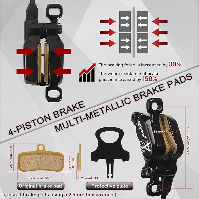 BUCKLOS MTB 4 Pistons Hydraulic Disc Brake Set, Mountain Bike Left Front 850 mm Right Rear 1630 mm Bicycle Disk Break Aluminum Alloy Caliper Lever for Ebike/Folding Bicycle/Fat Bike HD-M735(Pre-Bled)
