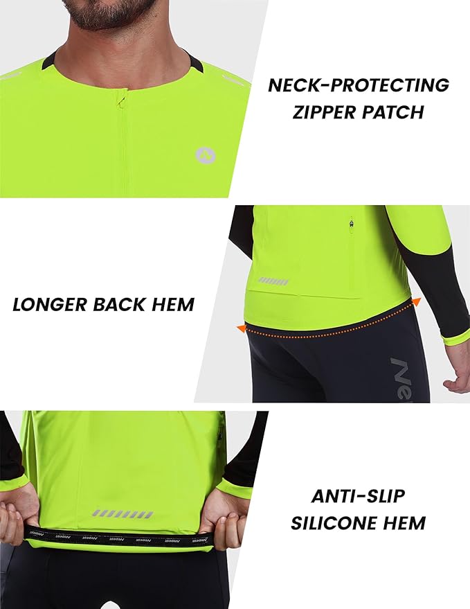 Nepest Mens Cycling Jersey Long Sleeve Bike Jersey UPF 50+ Road Biking Shirts Clothing with 4 Rear Pockets
