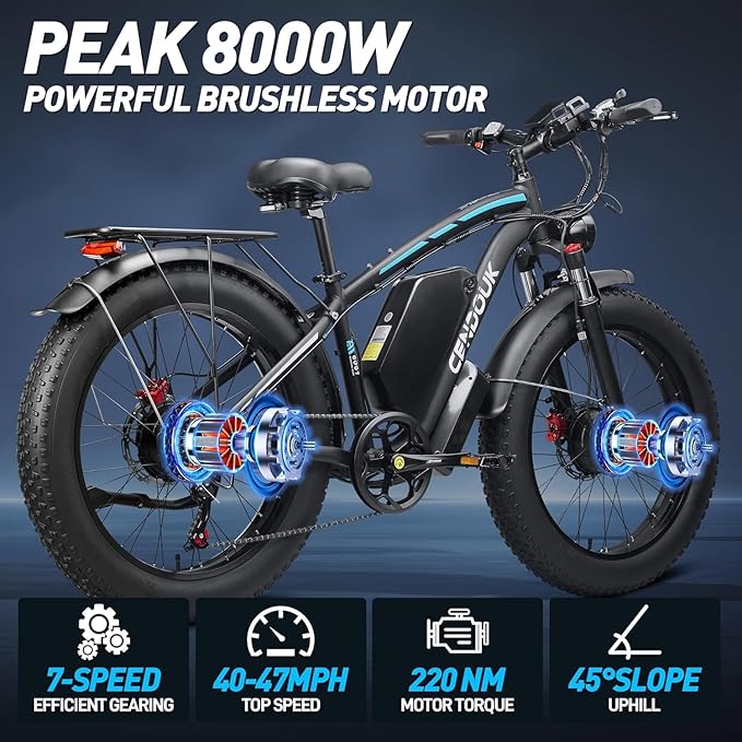Peak 8000W 58V Max Output Dual Motor Ebike 40-47MPH Electric Bike for Adults 36AH Battery 105 Miles Range 24 Inch Fat Tire Electric Bicycles for Snow Off-Road Commuter Mountain E-Bike