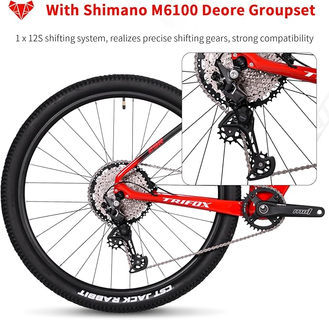 TRIFOX Carbon Fiber Mountain Bike,29er Carbon Mountain Bike with Shimano M6100 Deore Groupset 12-Speed,Carbon Fiber Frame,Hydraulic Fork 130mm Travel,/17/19 inch