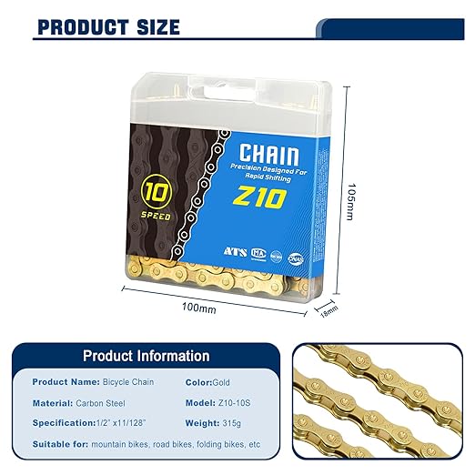 Bike Chain, 10 Speed Bike Chain 1/2" x 11/128" 116 Links Bicycle Chain for Road Mountain Folding Racing Cycling Bikes (Gold-10 Speed)