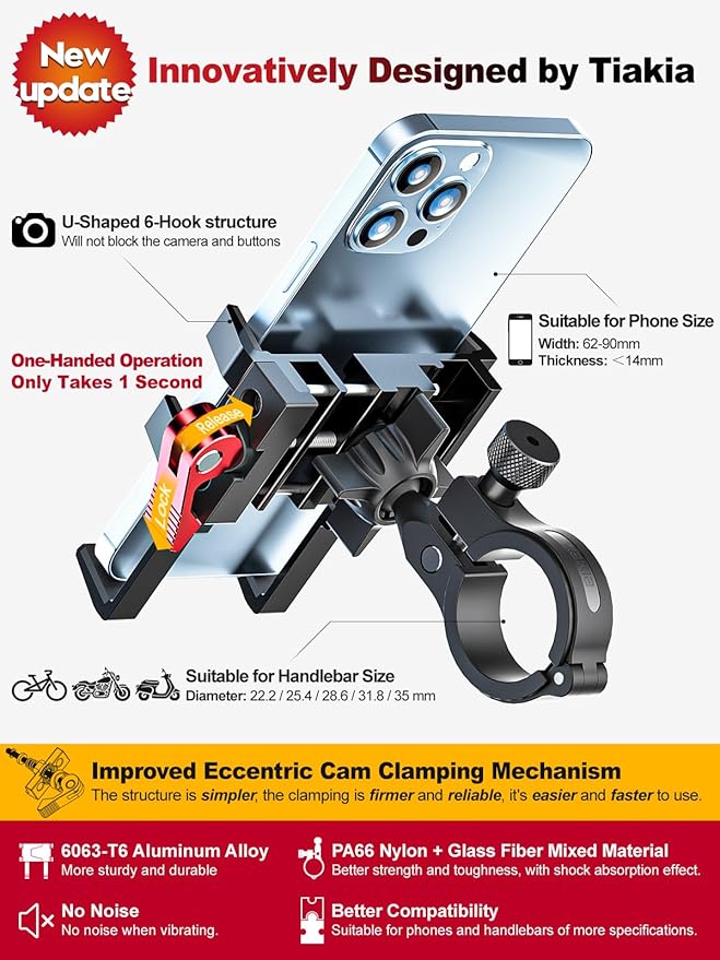 Tiakia Bike Phone Mount Holder, Aluminum Motorcycle Phone Mount, Handlebar Mounted Cell Phone Holder for Bike, 360° Rotation, Universal Bicycle Phone Mount for 4.5-7 Inch Phones