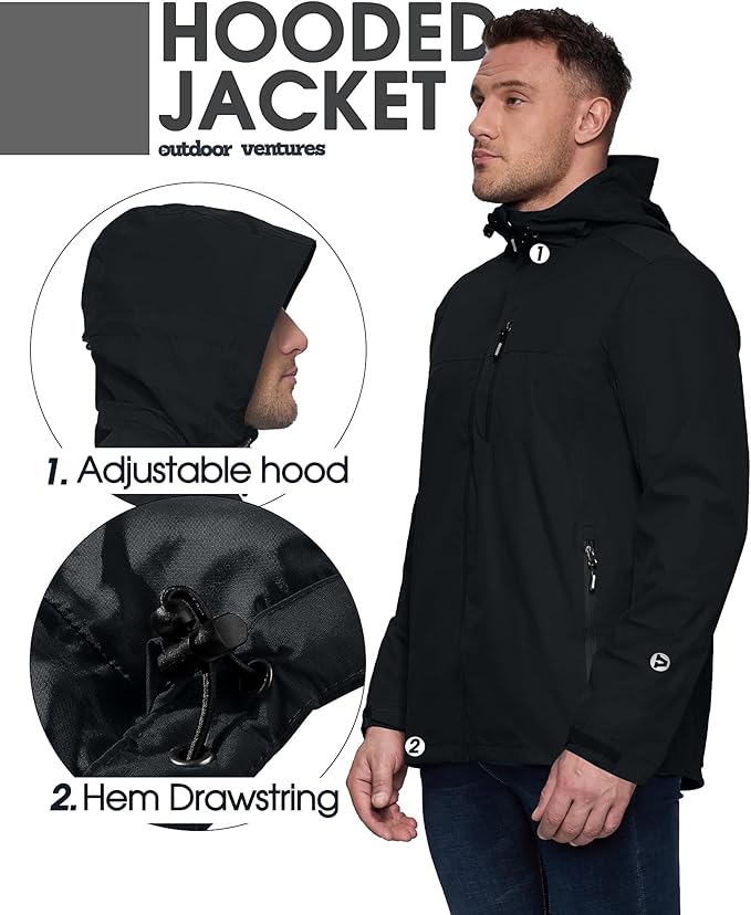 Outdoor Ventures Men's Packable Rain Jacket Waterproof Lightweight Raincoat with Hood Windproof Cycling Jackets
