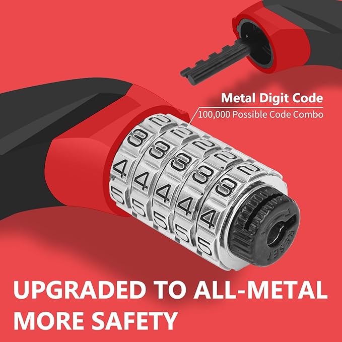 Bike Chain Lock Upgrade Metal Digital Dials 3.2Ft Long High Security Heavy Duty Anti Theft, 5 Digit Combination Keyless Bicycle Lock for Bike/Electric Scooter/Ebike/Motorcycle(Red)