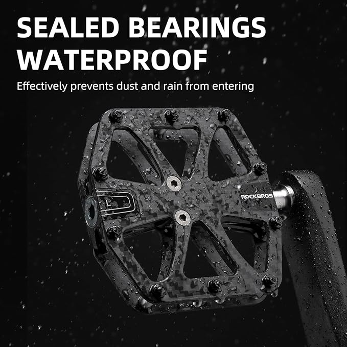 ROCKBROS Mountain Bike Pedals MTB Pedals Carbon Fiber 3 Bearing Lightweight Road Bicycle Pedals Non-Slip 9/16" Wide Flat Pedals