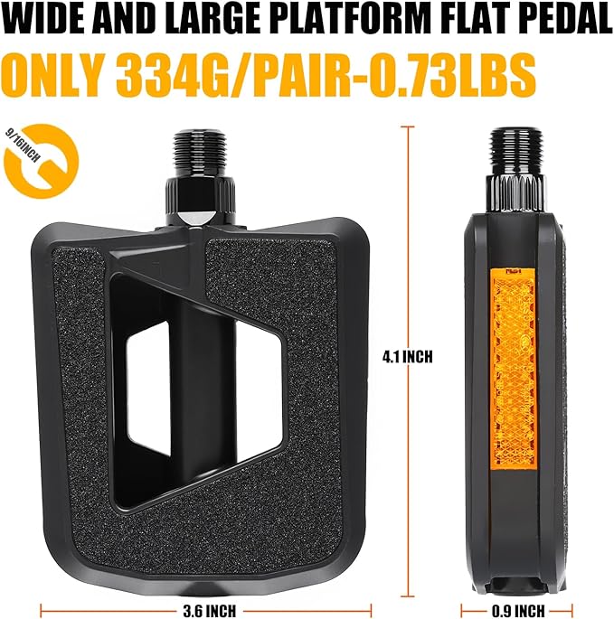Bike Pedals - Non-Slip Plastic Pedals with Reflectors, Lightweight 9/16" Platform Fits City/Road/Hybrid/E-Bikes/Beach Cruiser/Most Adult Bikes