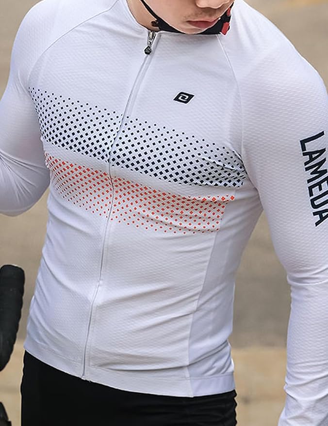 LAMEDA Men's Cycling Jersey Long Sleeve, Breathable Moisture Wicking Bike Shirt, Lightweight Biking Shirt with 3 Rear Pockets