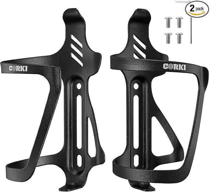 Corki Cycles Right Side Load Water Bottle Cage, Side Entry Bike Water Bottle Holder for Road & Mountain Bikes - 2 Pack - Black-Aluminum Alloy