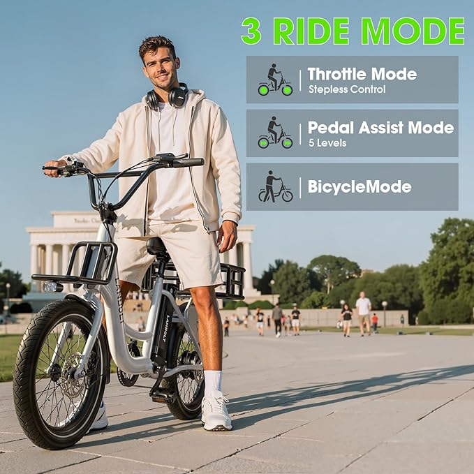 Electric Bike for Adults - 1000W Peak Motor Ebike with 48V15Ah Removable Battery, 20" x 3.0 Fat Tire Step-Thru 7-Speed Commuter Electric Bicycle, Up to 24 MPH, 70 Miles Range, UL 2849 Certified.