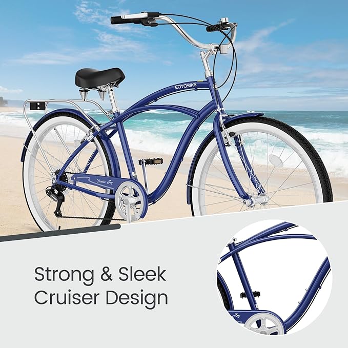 MOPHOTO 24" 26" Adult Bike 7-Speed Beach Cruiser Bike for Adults, Rear Rack, Fenders, Step-Through or Classic Frame