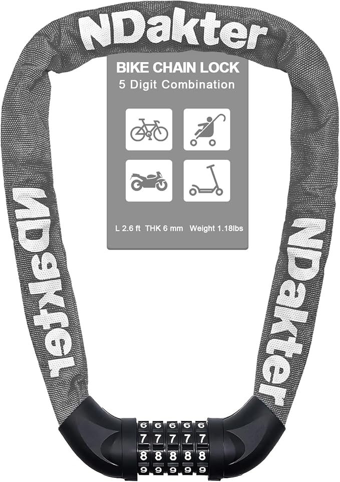 NDakter Bike Lock, 5 Digit Combination Heavy Duty Anti Theft Bicycle Chain Lock, 2.62/3.2/4.27/5/6Ft Long, High Security Resettable, Suitable for Bike, Scooter, Door, Gate, Fence-4/6mm Thick