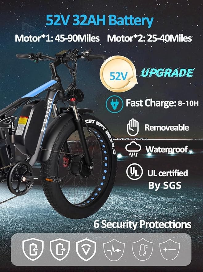 6000W Electric Bike for Adults, 52V 32AH Dual Motor E-Bike, Up to 100Mile & 45MPH All-Terrain Fat Tires Full Suspension 24/26 Inch Electric Bicycles Hydraulic Disc Brake for Road UL2849 by SGS
